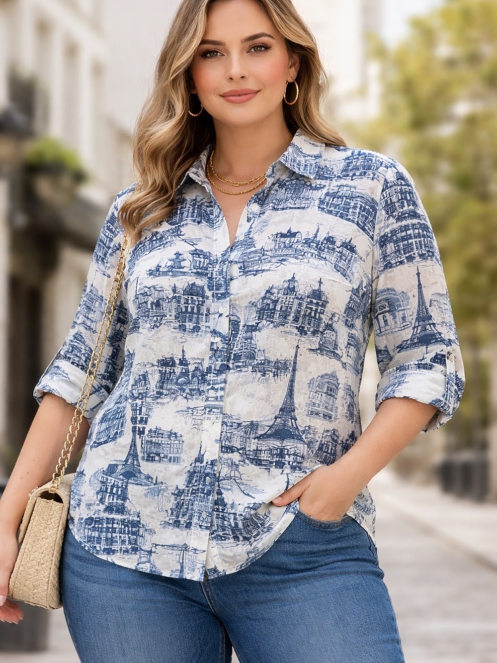 Karl Lagerfeld Paris Toile Blouse Blue White Roll Tab Sleeves Hidden Placket L